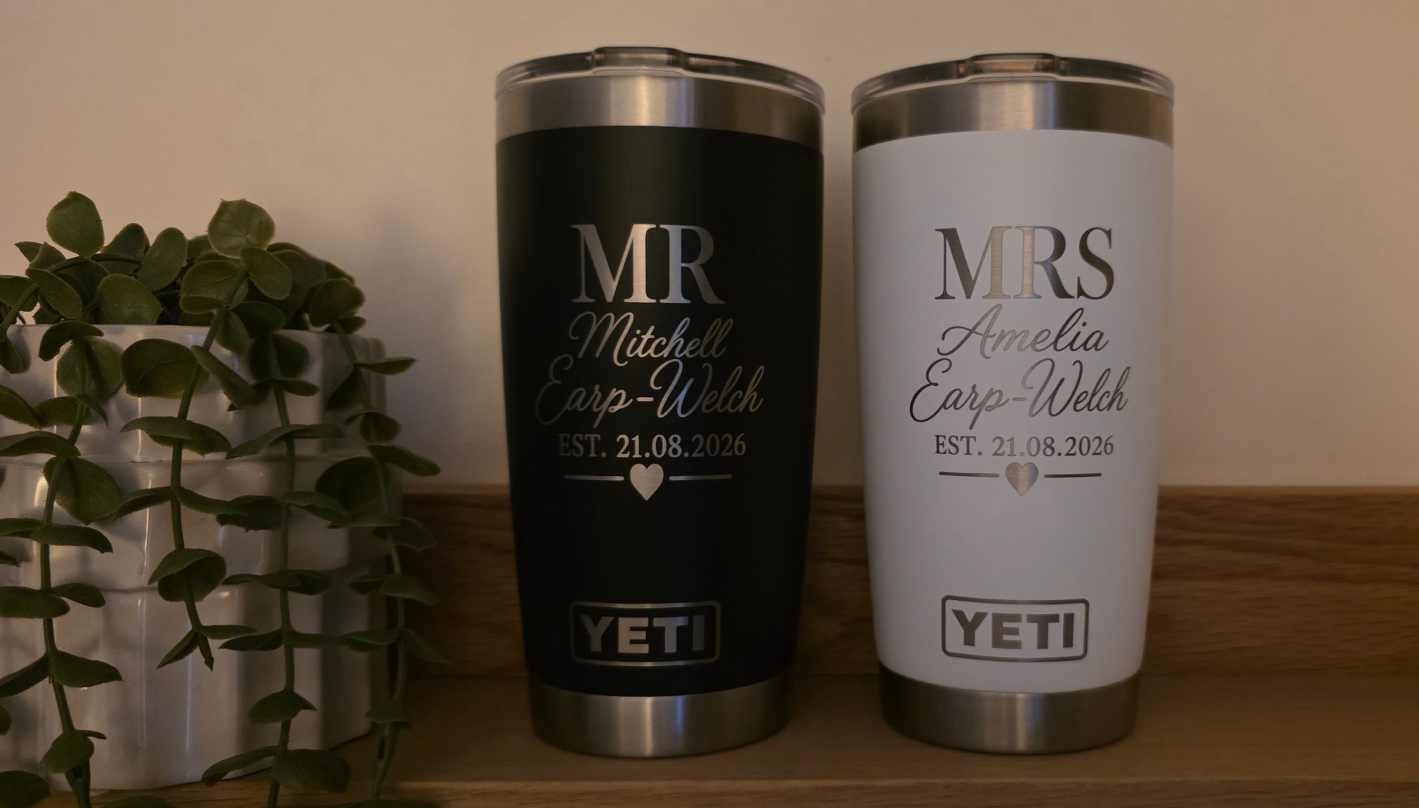 Black and white YETI travel mugs engraved for Mr and Mrs Earp-Welch